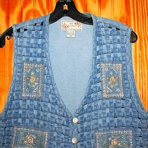 Vintage New Directions Blue Floral Embroidered Vest - Size M - 100% Cotton